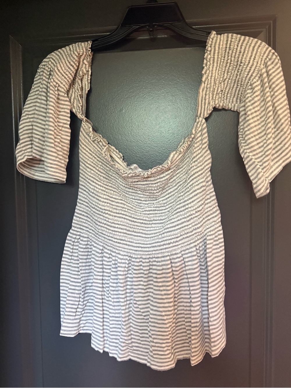 vestique White and Light Gray Striped Smocked Peplum Top